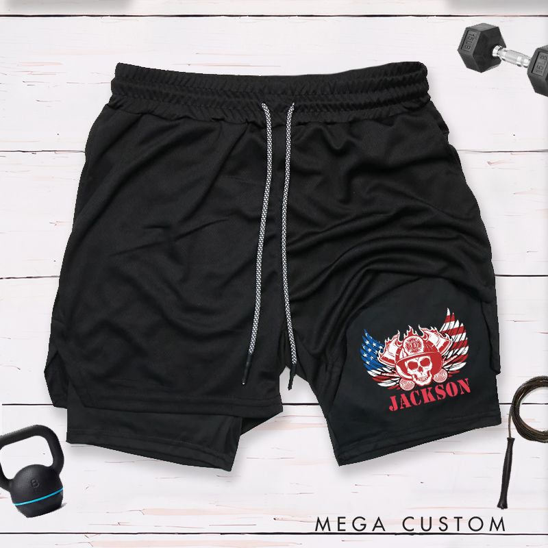 Personalized Firefighter 2 in 1 Hybrid Sport Shorts with Skull and American Flag Wings Design Gift for Firefighter