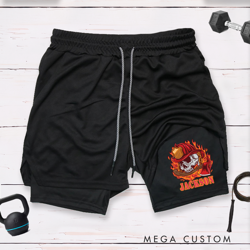 Personalized Firefighter 2 in 1 Hybrid Sport Shorts with Flaming Skull and Helmet Design Gift for Firefighter