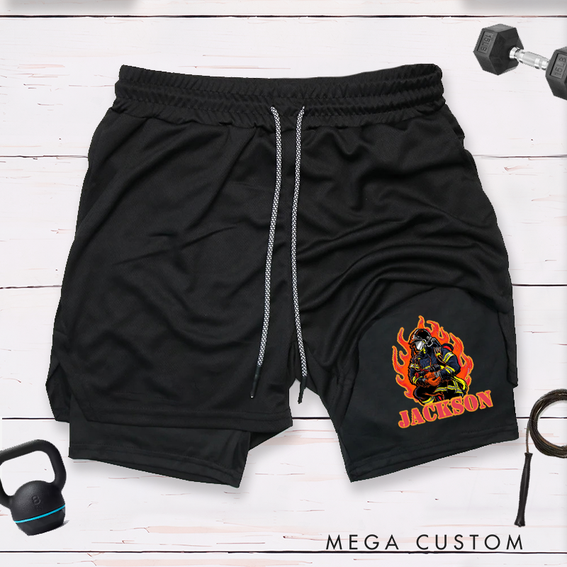 Personalized Firefighter 2 in 1 Hybrid Sport Shorts with Firefighter in Flames Design Gift for Firefighter