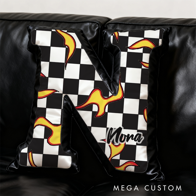 Personalized Racing Flame Pillow Custom Initial Checkered Flag Design Cushion 3D Print Gift for Motorsports Fans