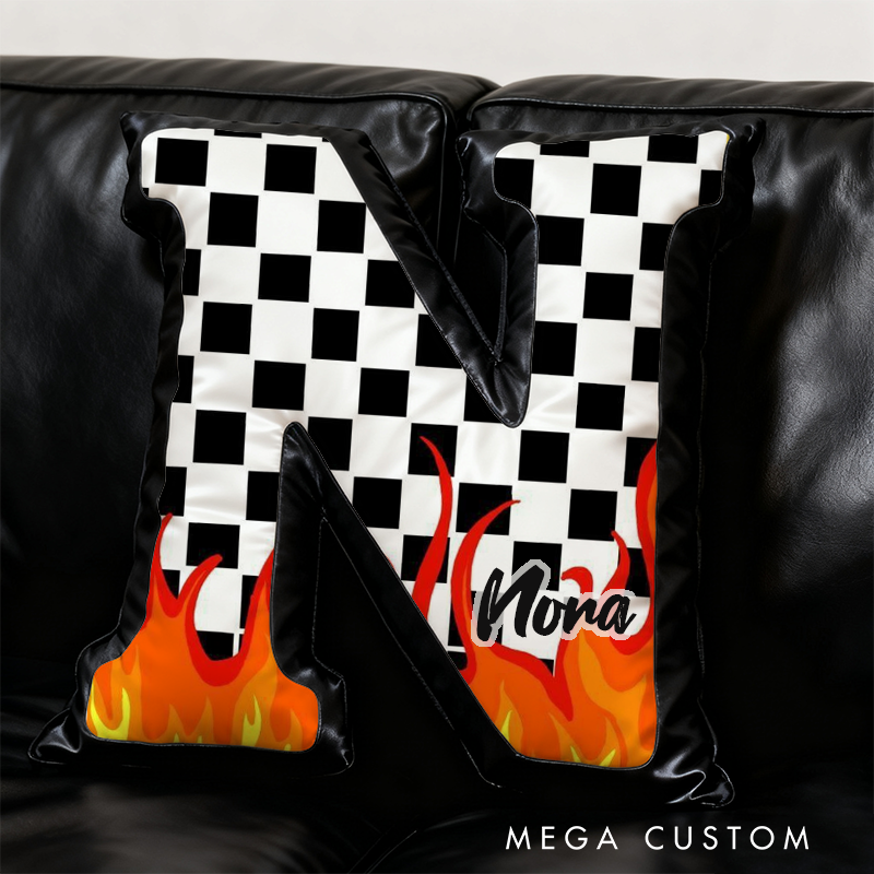 Personalized Racing Flame Pillow Custom Initial Checkered Flag Design Cushion 3D Print Gift for Speed Enthusiasts