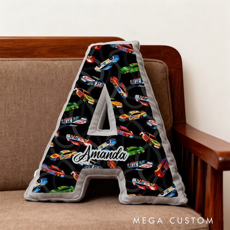 Personalized Race Car Initial Pillow Custom Name Cushion Gift for Car Enthusiasts