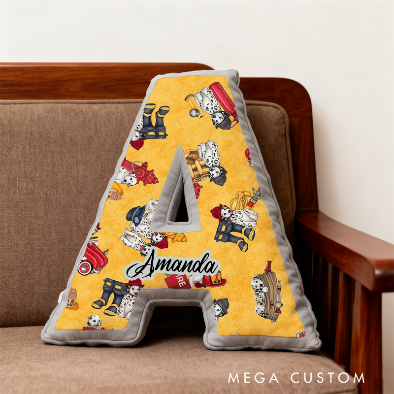Personalized Firefighter Dalmatian Initial Pillow with Custom Name Gift for Kids and Fire Rescue Fans