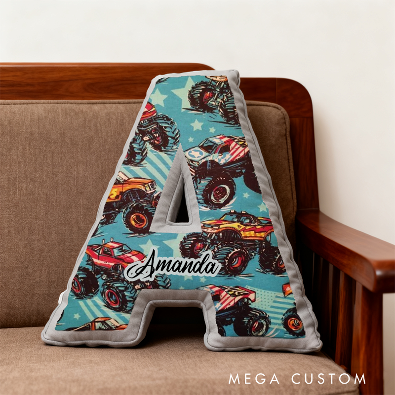 Personalized Monster Truck Initial Pillow with Custom Name Gift for Truck Enthusiasts