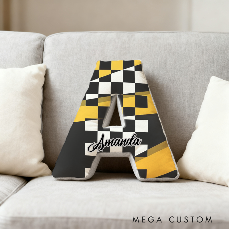 Personalized Racing Checkered Flag Initial Pillow with Custom Name Gift for Race Fans