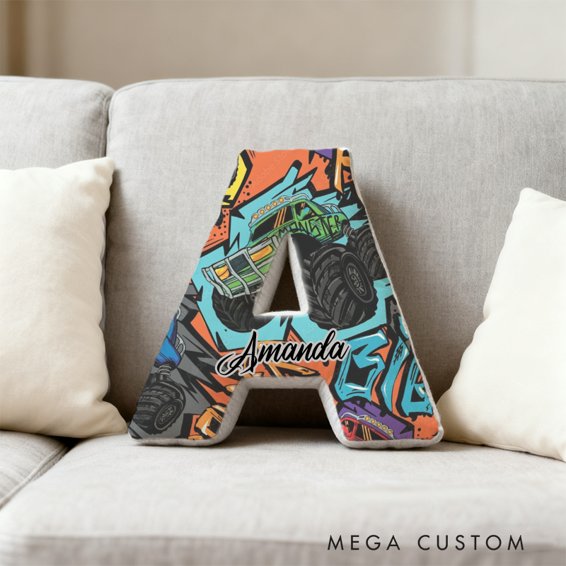 Personalized Graffiti Monster Truck Initial Pillow with Custom Name Gift for Truck Enthusiasts