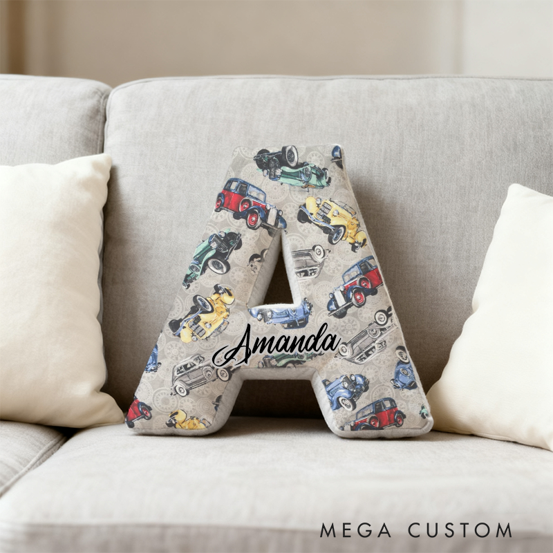 Personalized Vintage Car Initial Pillow with Custom Name Gift for Classic Car Lovers