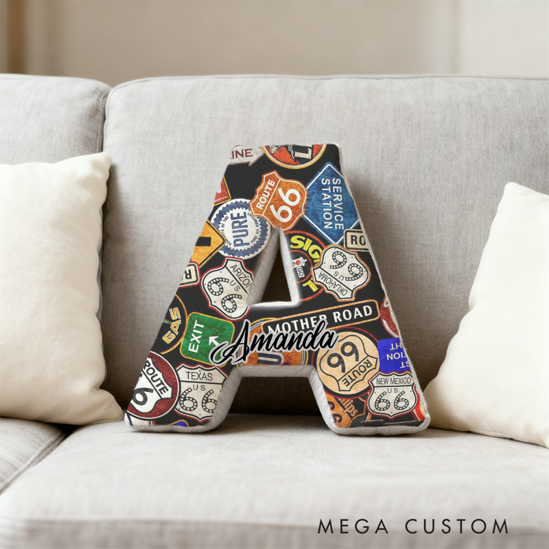 Personalized Route 66 Road Sign Initial Pillow with Custom Name Gift for Travel Enthusiasts