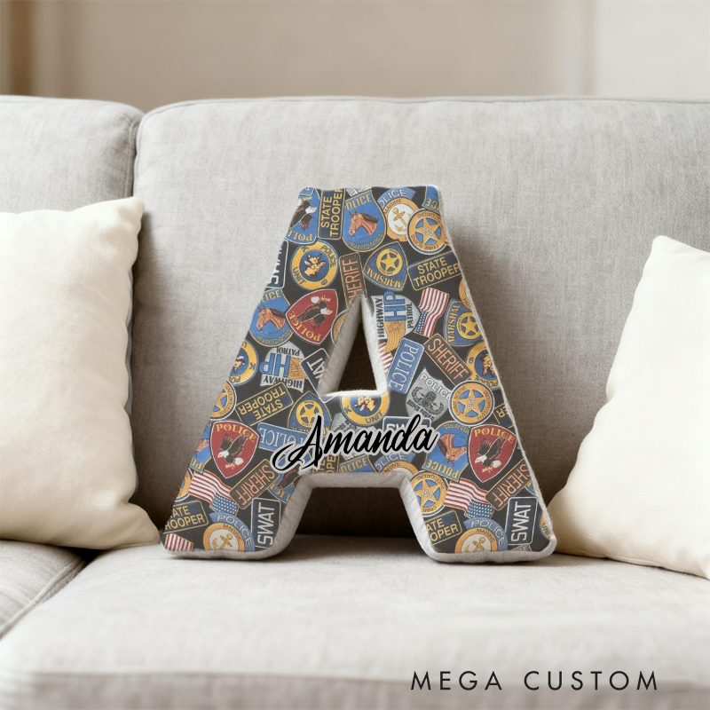 Personalized Law Enforcement Badge Themed Initial Pillow with Custom Name Gift for Police Supporters