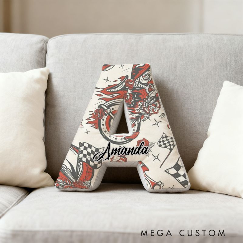 Personalized Racing Tattoo Inspired Initial Pillow with Custom Name Gift for Motorsport Fans