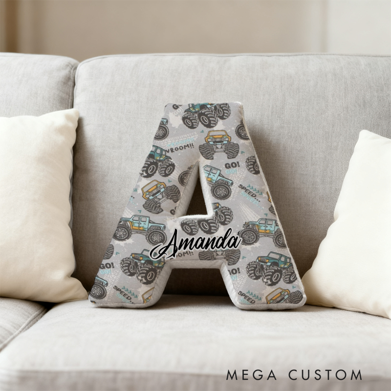 Personalized Monster Truck Racing Initial Pillow with Custom Name Gift for Truck Enthusiasts