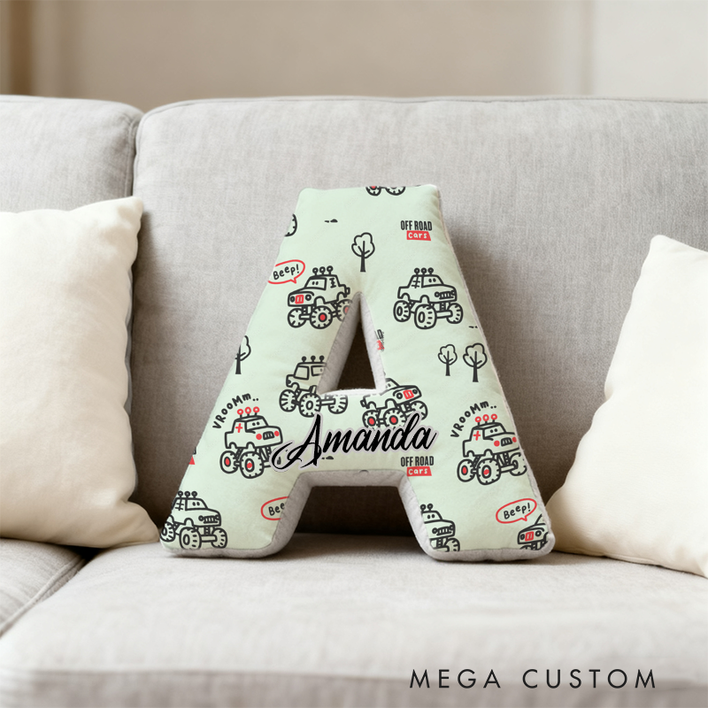 Personalized Cartoon Off Road Monster Truck Initial Pillow with Custom Name Gift for Truck Lover Kidss