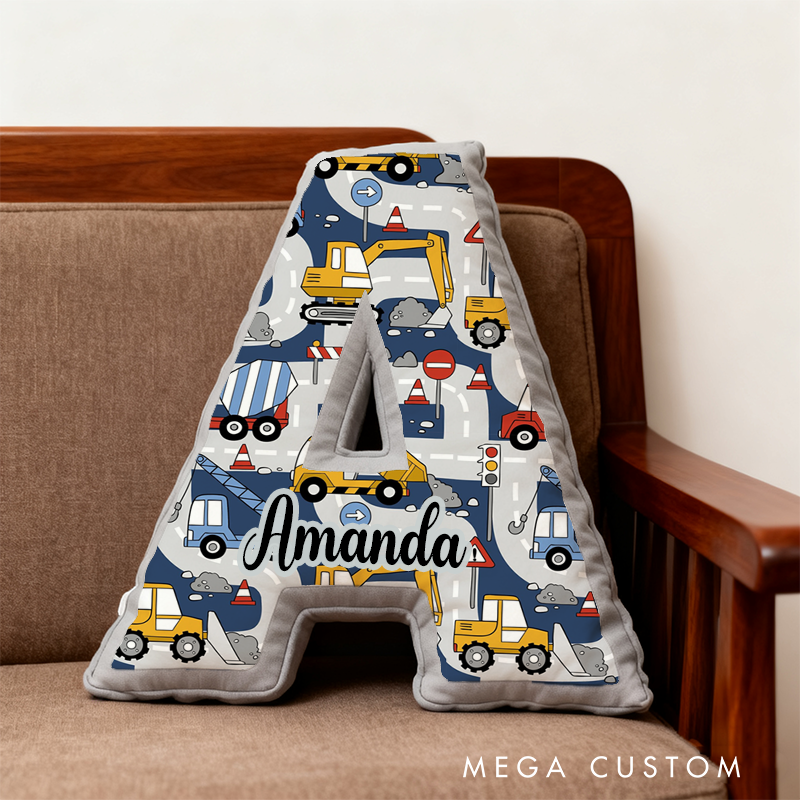 Personalized Construction Vehicle Alphabet Pillow with Custom Name Gift for Kids and Vehicle Fans