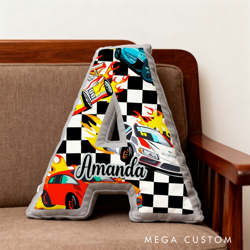 Personalized Racing Vehicle Themed Alphabet Pillow with Custom Name Gift for Kids and Vehicle Fans