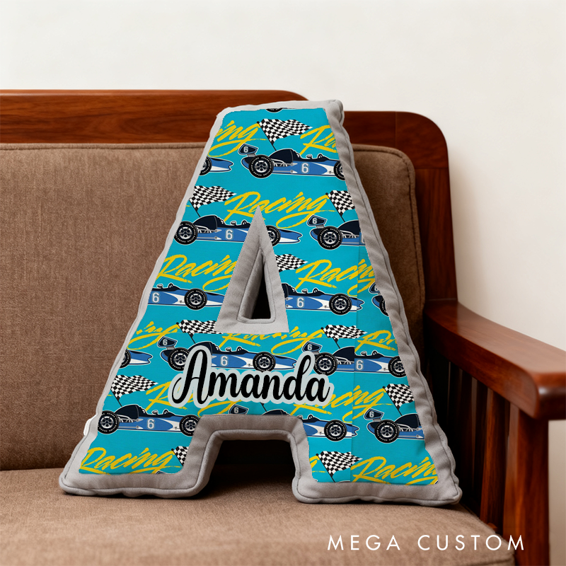 Personalized Racing Vehicle Themed Alphabet Pillow with Custom Name Gift for Kids and Vehicle Enthusiasts