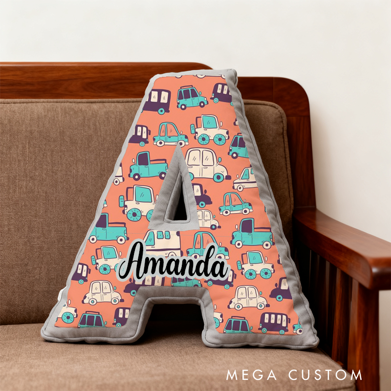 Personalized Cartoon Vehicle Themed Alphabet Pillow with Custom Name Gift for Kids