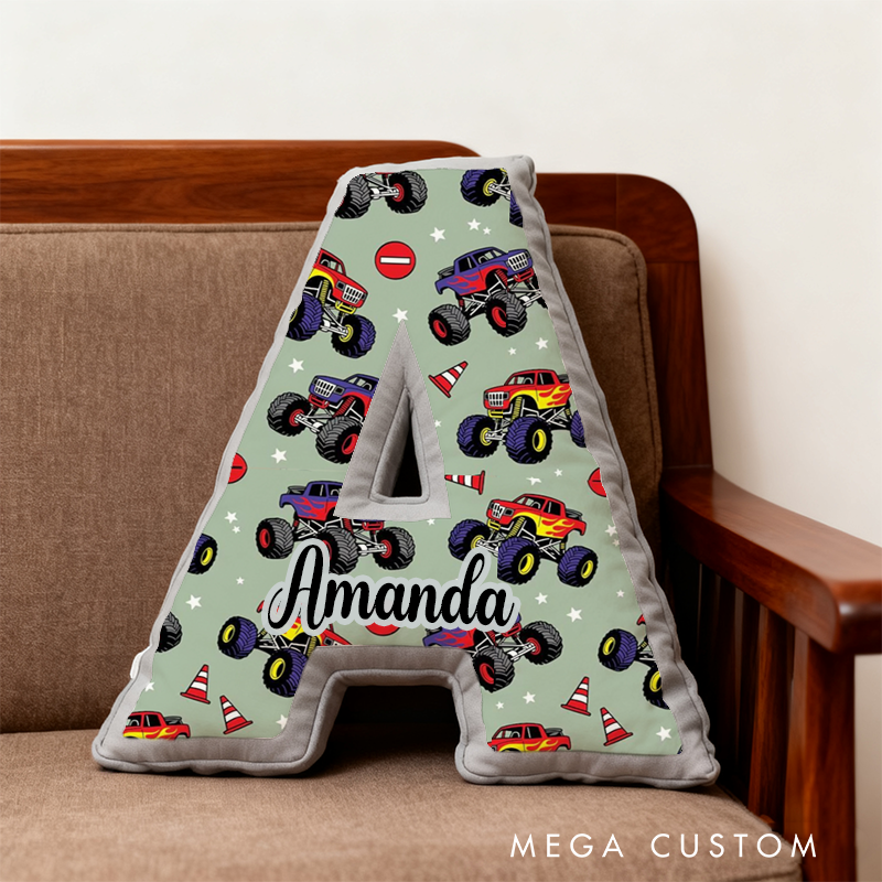 Personalized Monster Truck Vehicle Themed Alphabet Pillow with Custom Name Gift for Kids