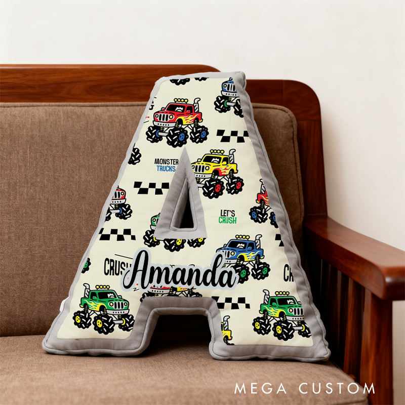 Personalized Monster Truck Vehicle Themed Alphabet Pillow with Custom Name Gift for Kids