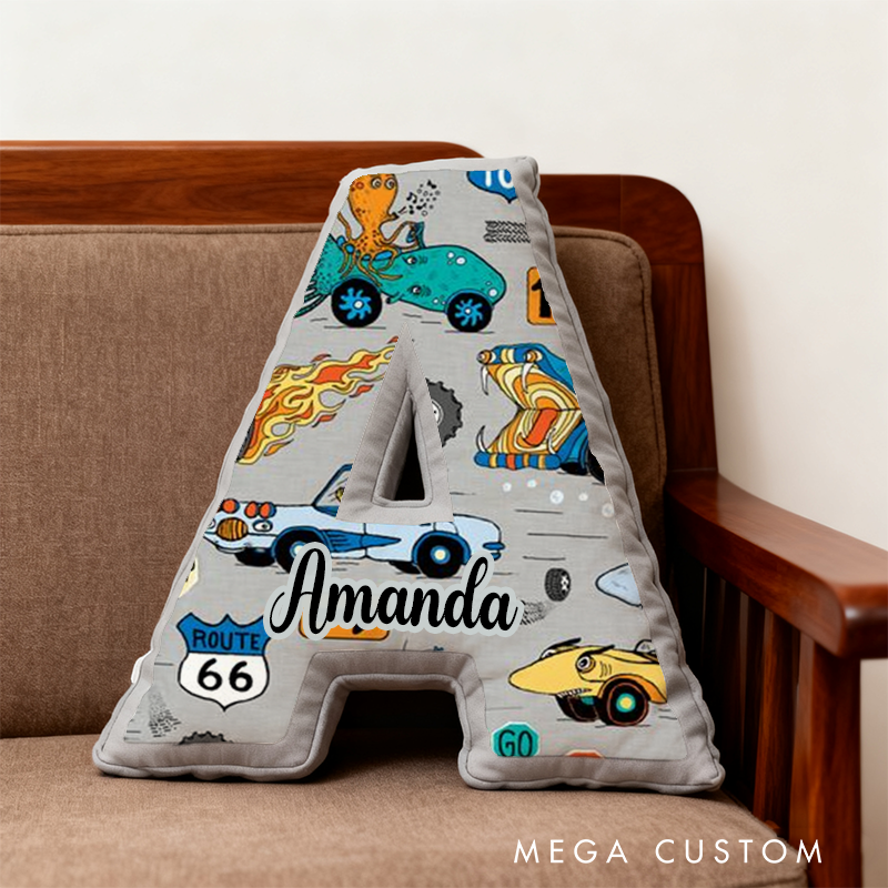 Personalized Retro Vehicle Themed Alphabet Pillow with Custom Name Gift for Kids Vehicle Fans