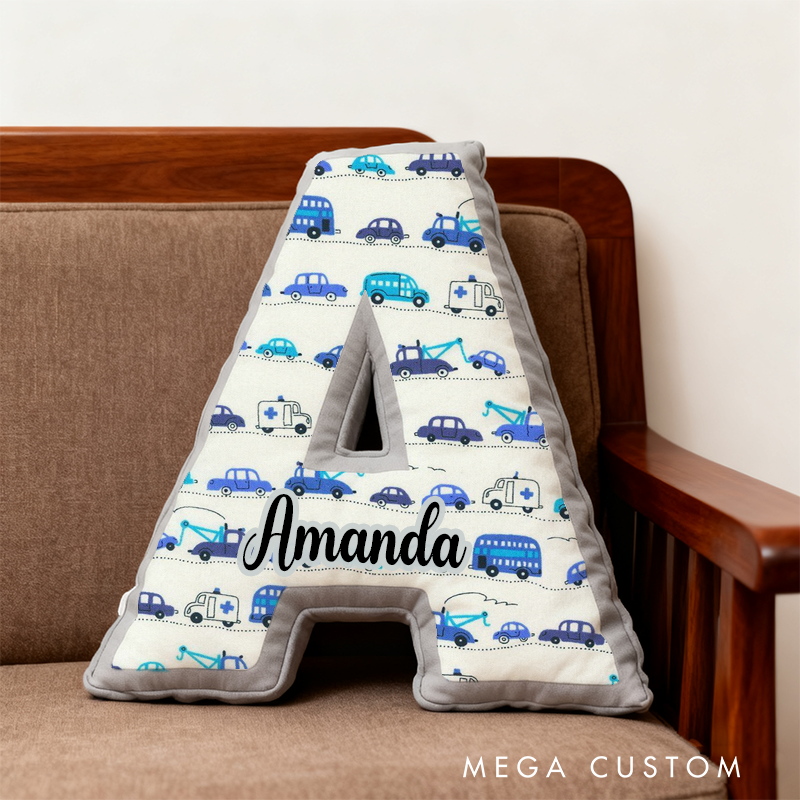 Personalized Blue Cartoon Vehicle Themed Alphabet Pillow with Custom Name Gift for Kids Vehicle Fans