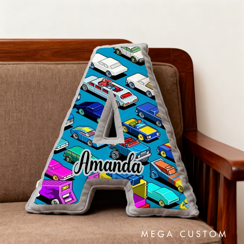 Personalized Colorful Vehicle Themed Alphabet Pillow with Custom Name Gift for Kids Vehicle Fans