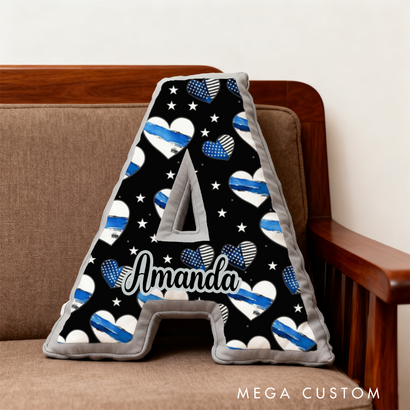 Personalized Letter Shaped Back the Blue Pillow with Heart and Star Design Custom Name Gift for Kids
