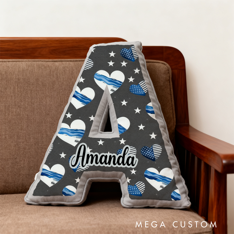 Personalized Letter Shaped Blue Line Pillow with Heart and Star Design Custom Name Gift for Kids
