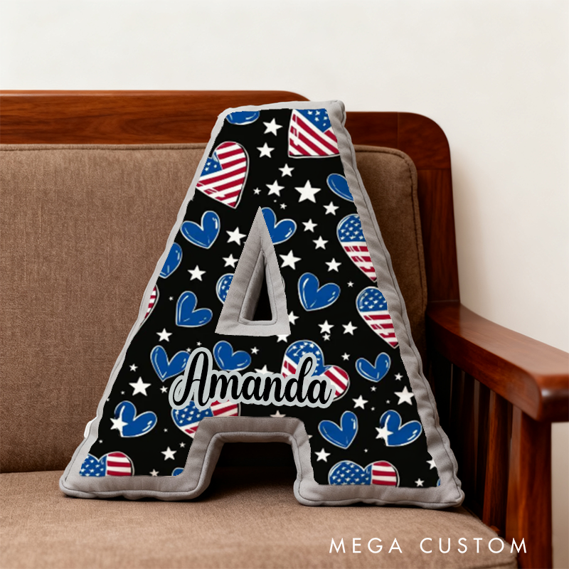 Personalized Letter Shaped Pillow with American Flag Heart Design Custom Name Gift for Police Kids