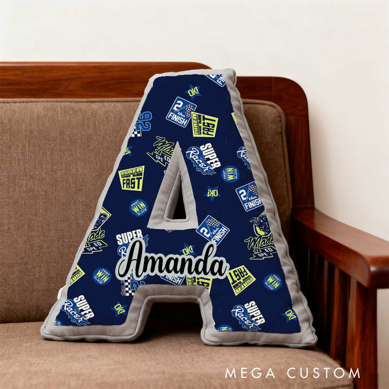 Personalized Letter Shaped Pillow with Racing Theme Design Custom Name Gift for Vehicle Fans