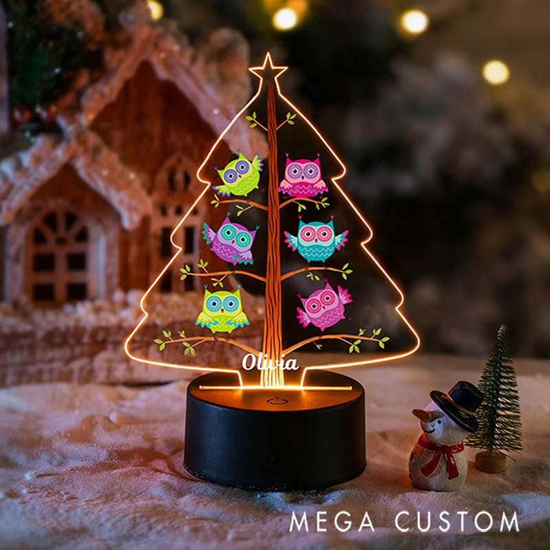 Personalized Cartoon Owl Christmas Tree Night Light Custom Name LED Night Light Children's Gifts Romantic Gifts for Christmas and New Year's Indoor Holiday Parties