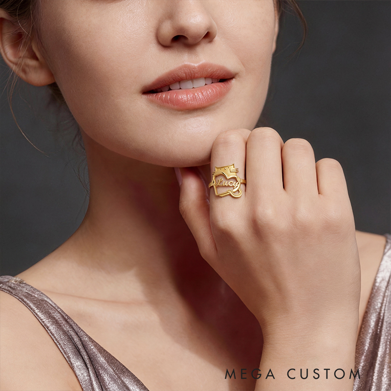 Personalized Cartoon Cat Holding Heart Sterling Silver Name Ring Custom Jewelry for Cat Lovers