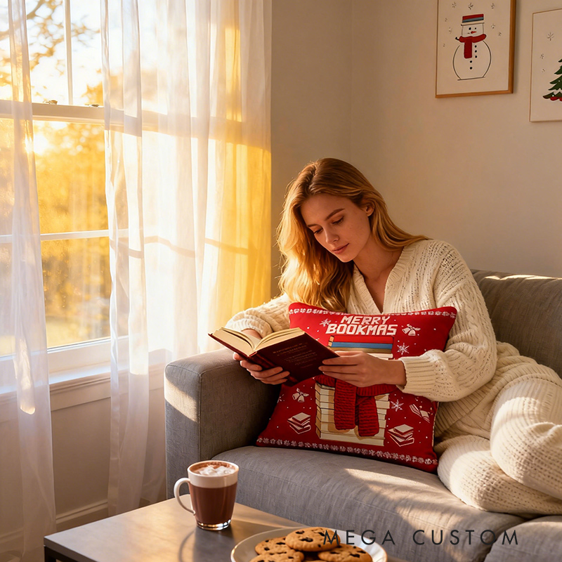 Personalized Christmas Bookworm Pillow with Name Warm Holiday Gift for Book Lovers