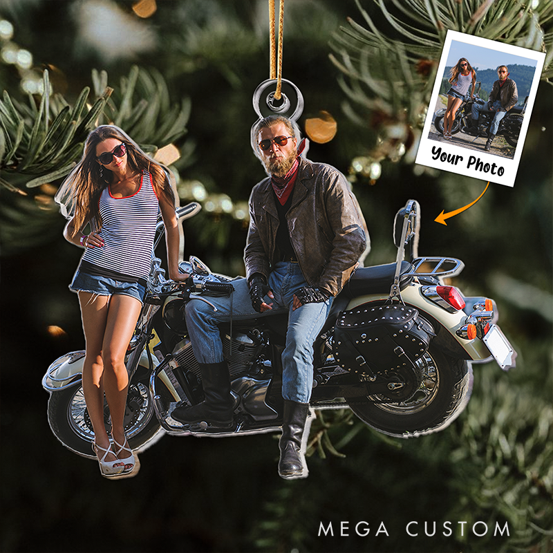 Personalized Motorcycle Couple Acrylic Photo Ornament Custom Christmas Ornament Gift for Biker Couples and Motor Lovers