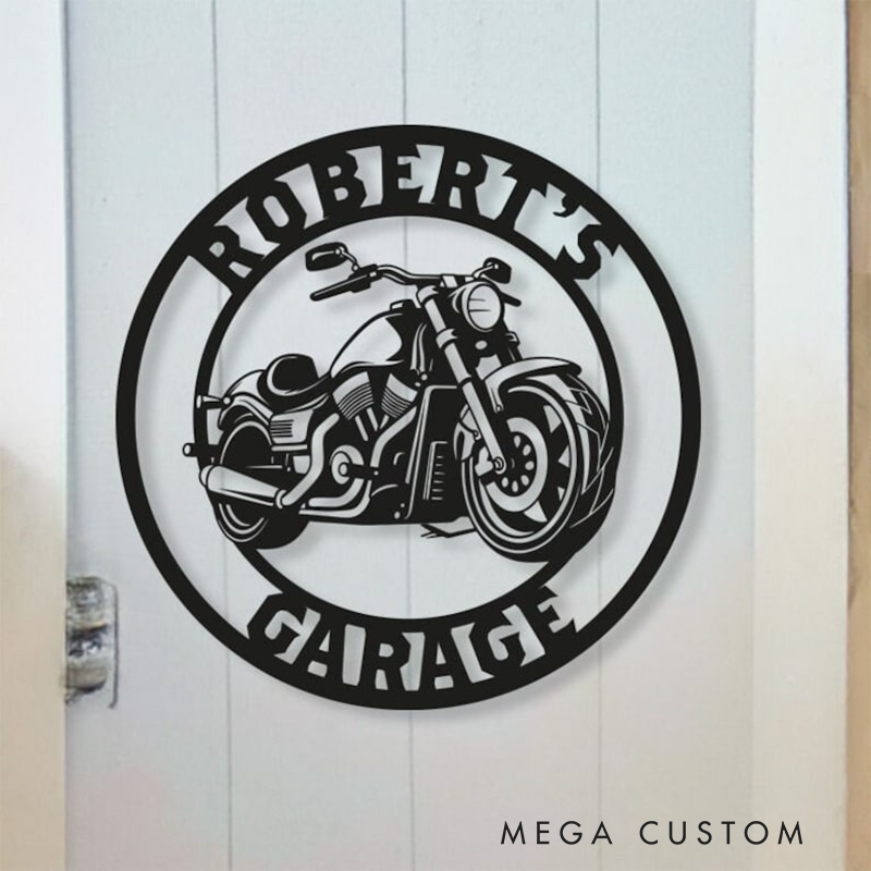 Personalized Motorcycle Garage Metal Sign Custom Round Chopper Wall Art with Name Biker Workshop Decor Gift for Motorsport Racer and Racing Lovers