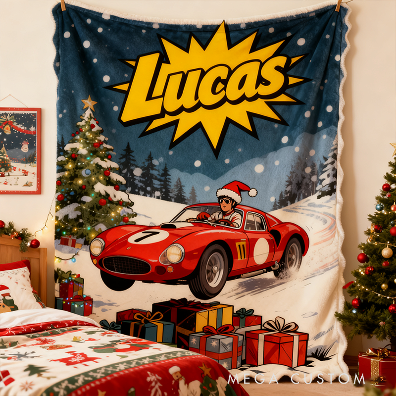Personalized Christmas Racing Car Blanket Custom Name Holiday Gift Cozy Winter Throw for Racing Lovers