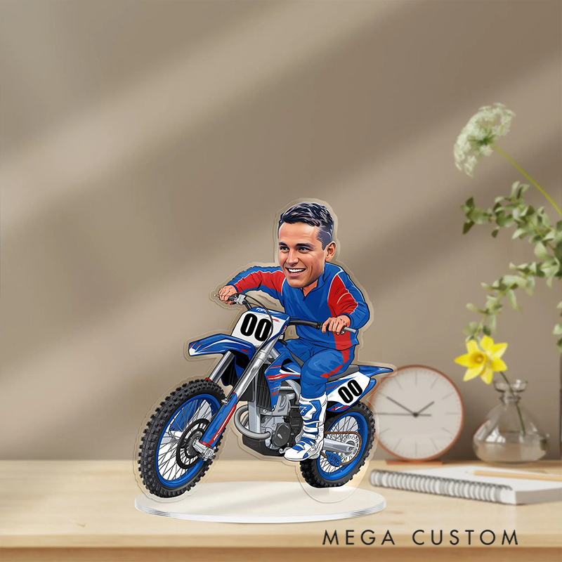 Personalized Motocross Biker Figurine Caricature Portrait Desk Name Plate Acrylic Motorcycle Dirt Bike Plaque Office Decor Gifts