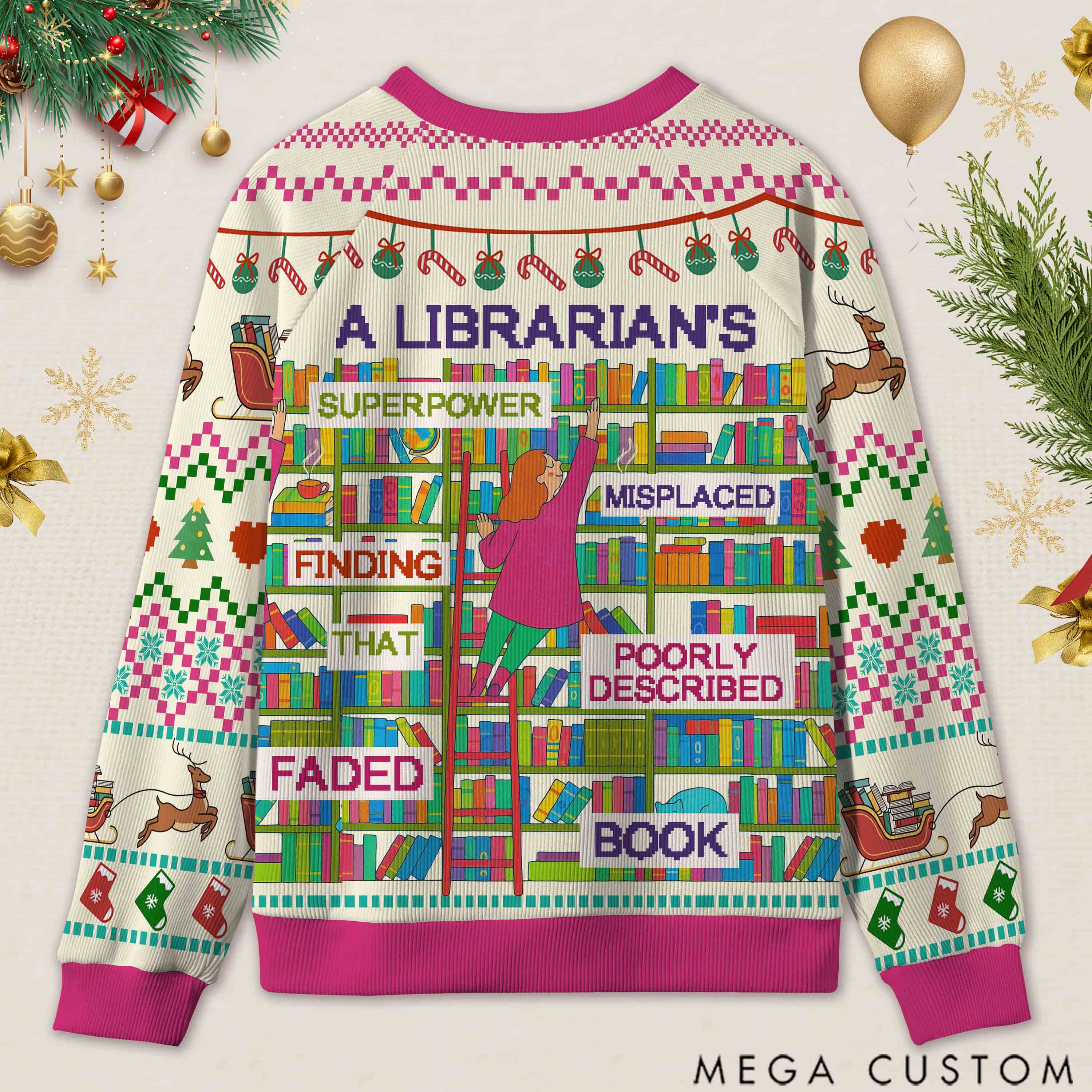 Personalized Librarian Superpowers Funny Ugly Sweater Office Holiday Party Gift for librarian