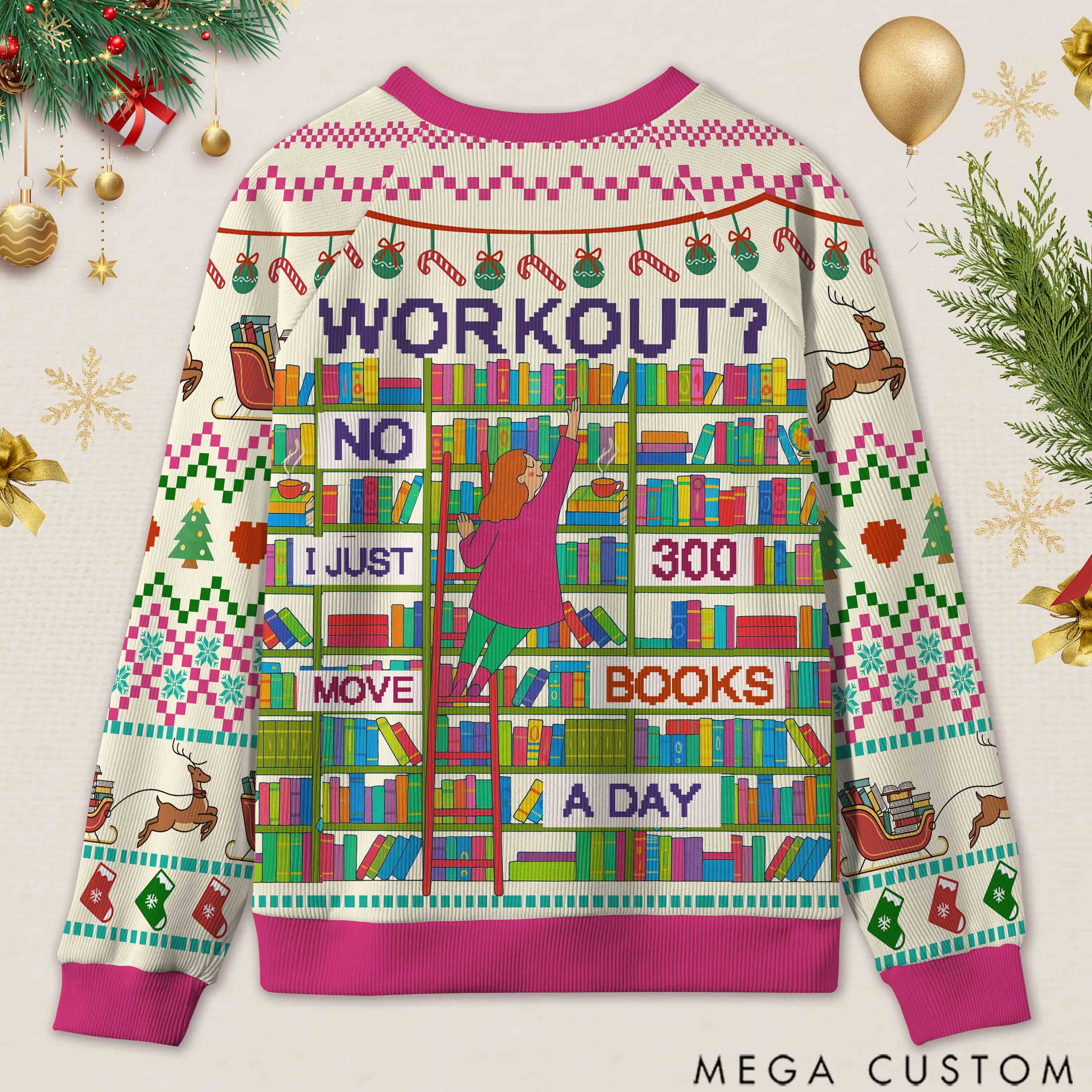 Personalized Book Lifting Workout Humor Ugly Sweater Office Holiday Party Gift for Book Lovers