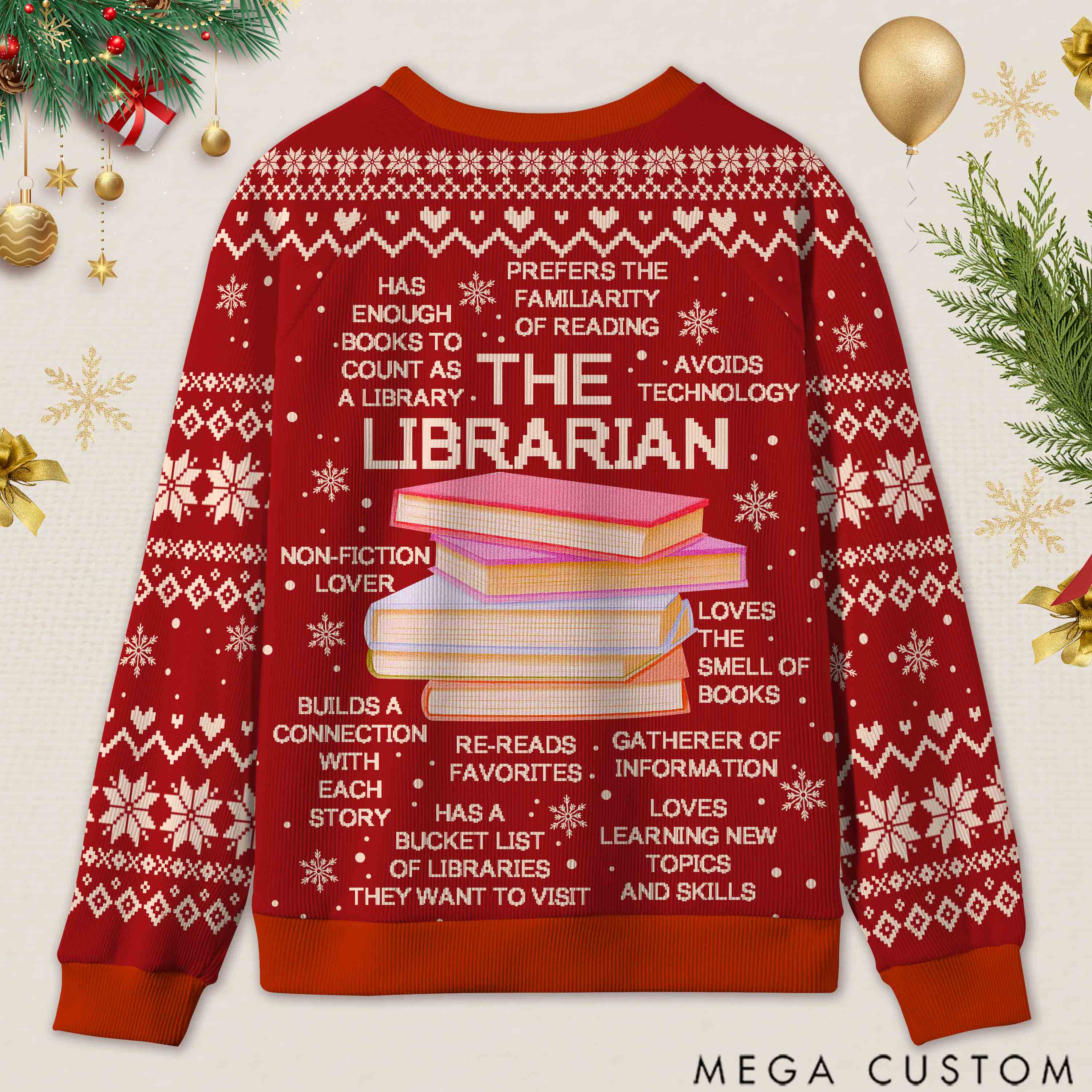 Personalized Librarian Book Spirit Ugly Sweater Holiday Gift for Librarians