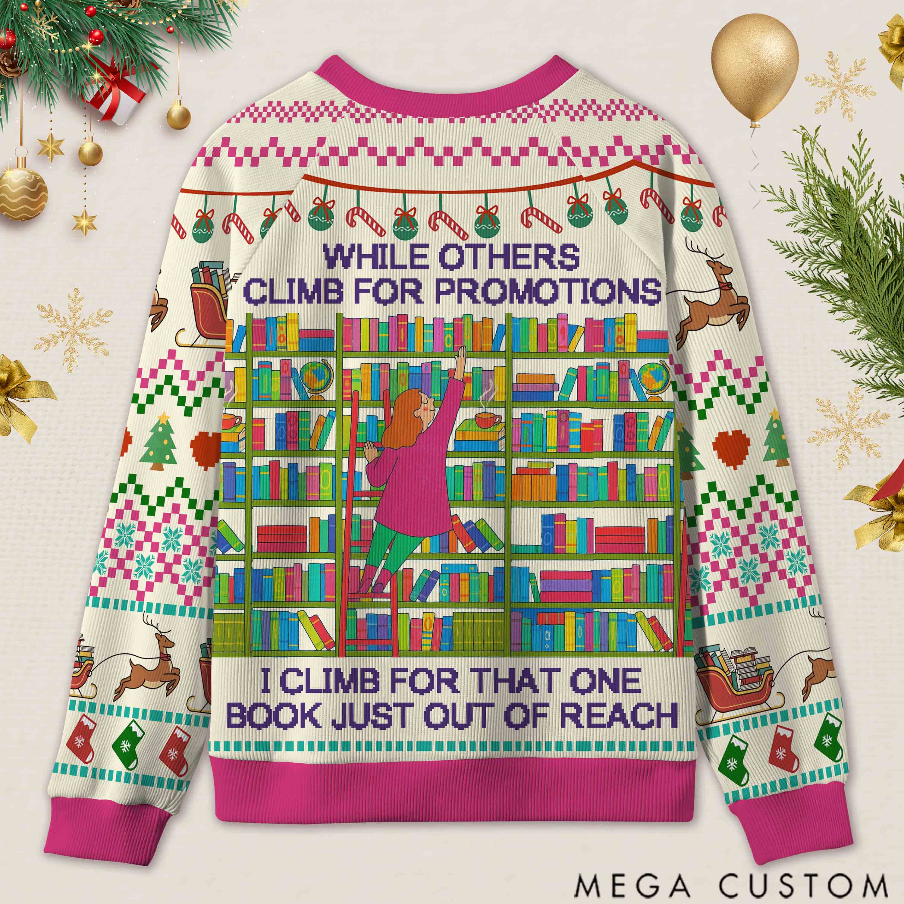 Personalized Library Fun Phrase Ugly Sweater Holiday Gift for Librarians