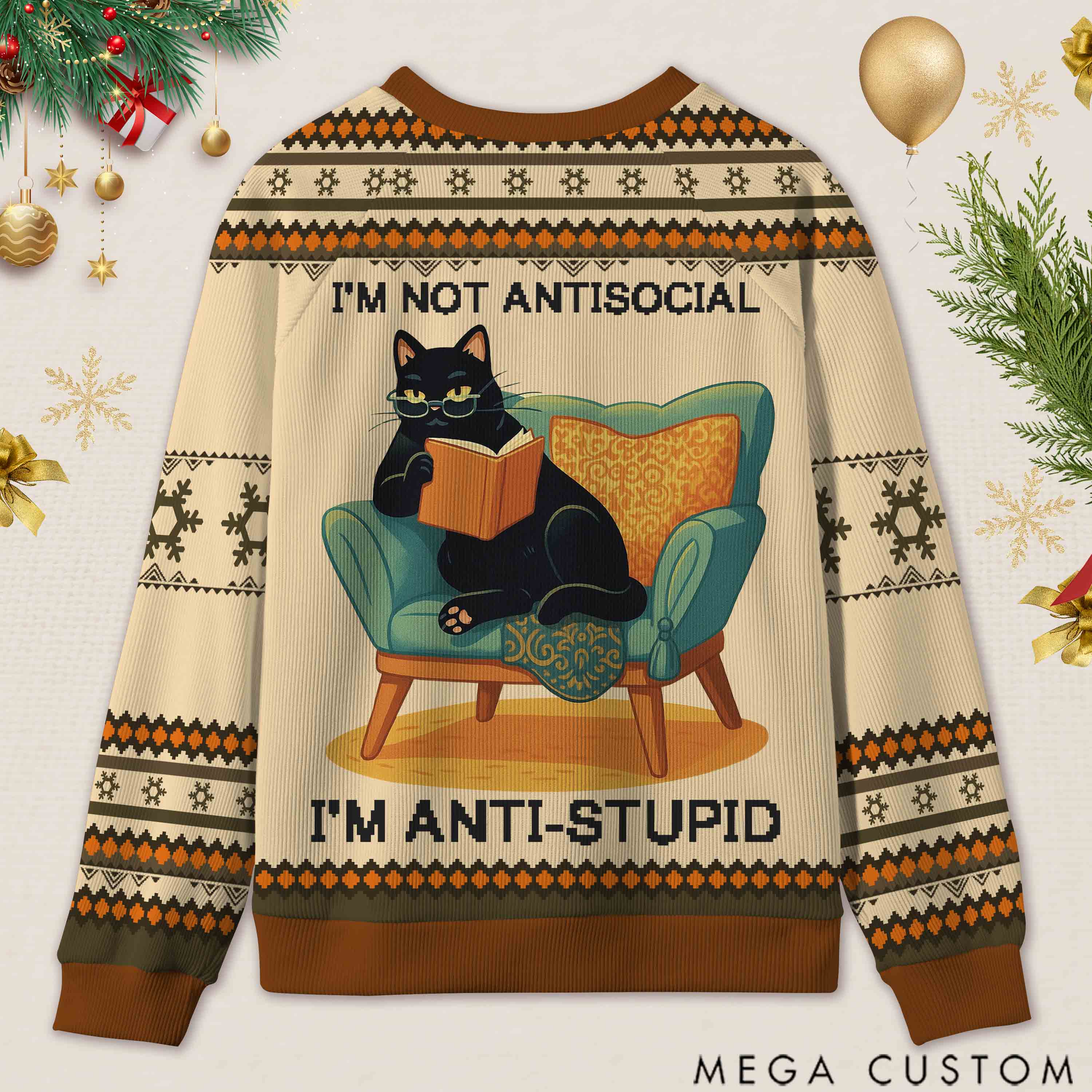 Personalized Wise Bookish Cat Reading Ugly Sweater Holiday Gift for Book Lovers