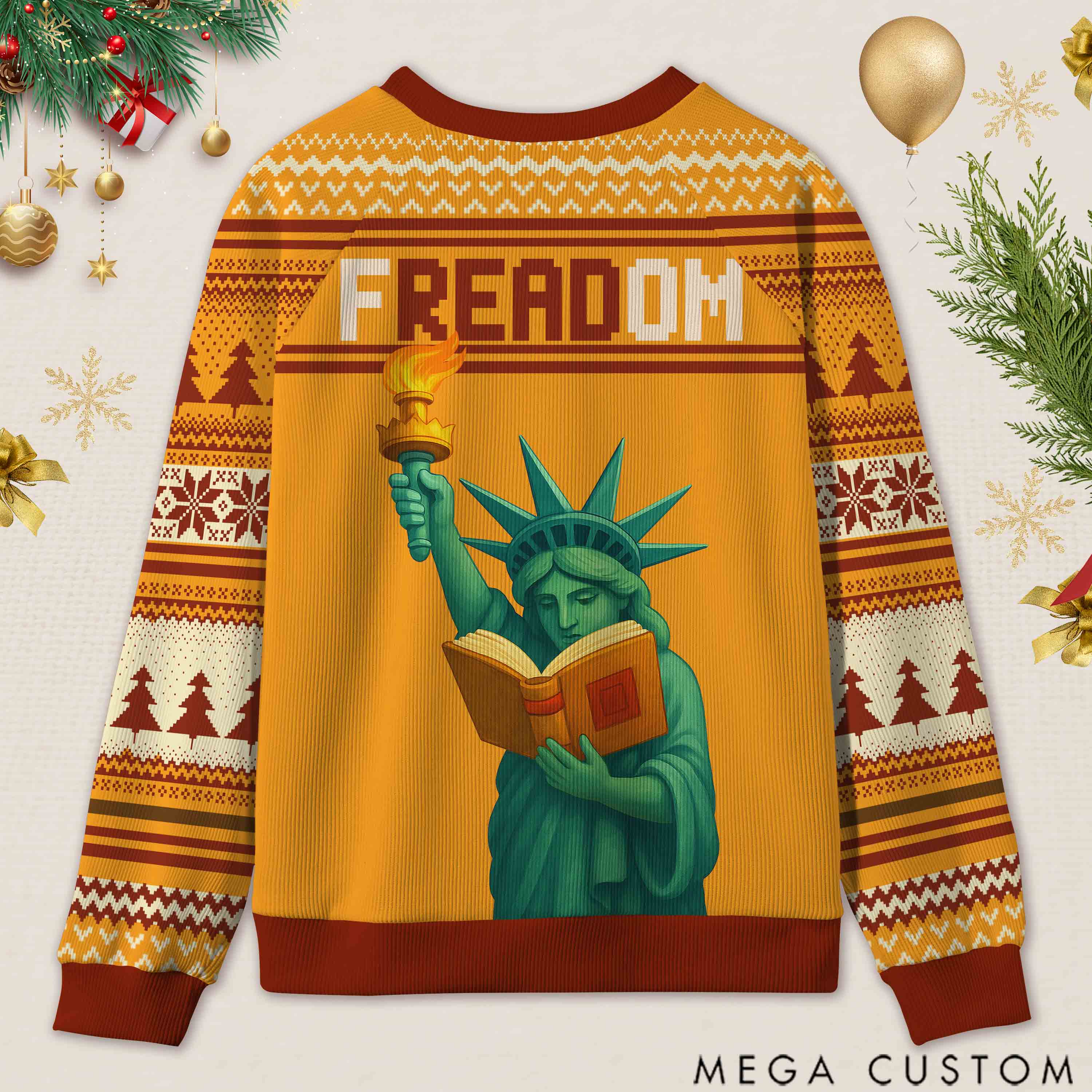 Personalized Reading Freedom Statue Fun Ugly Sweater Holiday Gift for Book Lovers
