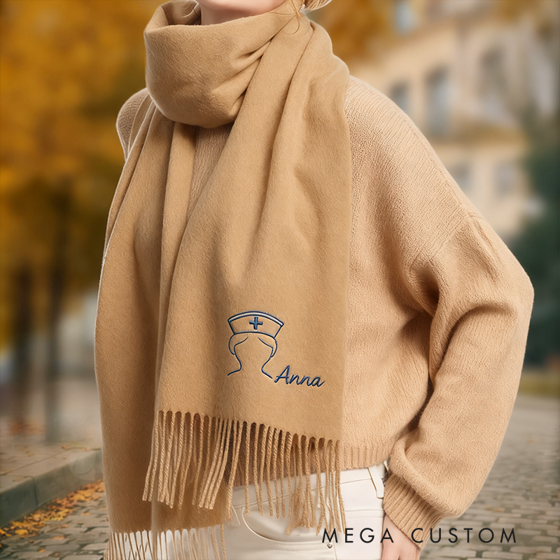 Personalized Nurse Scarf Custom Name Embroidered Shawl Gift for Nurse Girlfriend or Mom Solid Color Winter Wrap