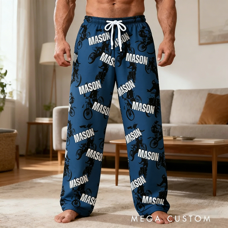 Personalized Motorcycle Pajama Pants with Custom Name Design