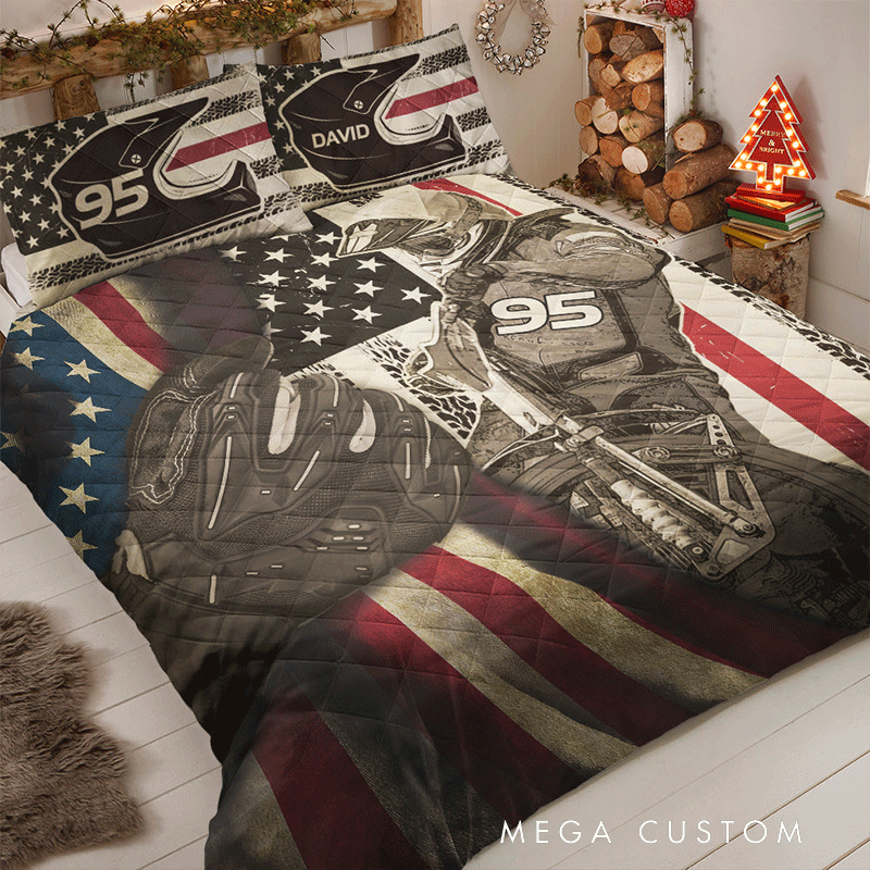 Personalized Motorcycle Speedway Quilt Bed Set Gift for Biker and Motorcycle Fans