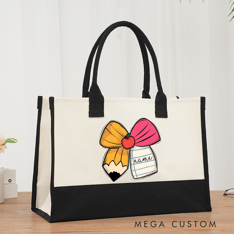 Personalized Teacher Name Fashion Bow Design Cotton Canvas Patchwork Tote Bag