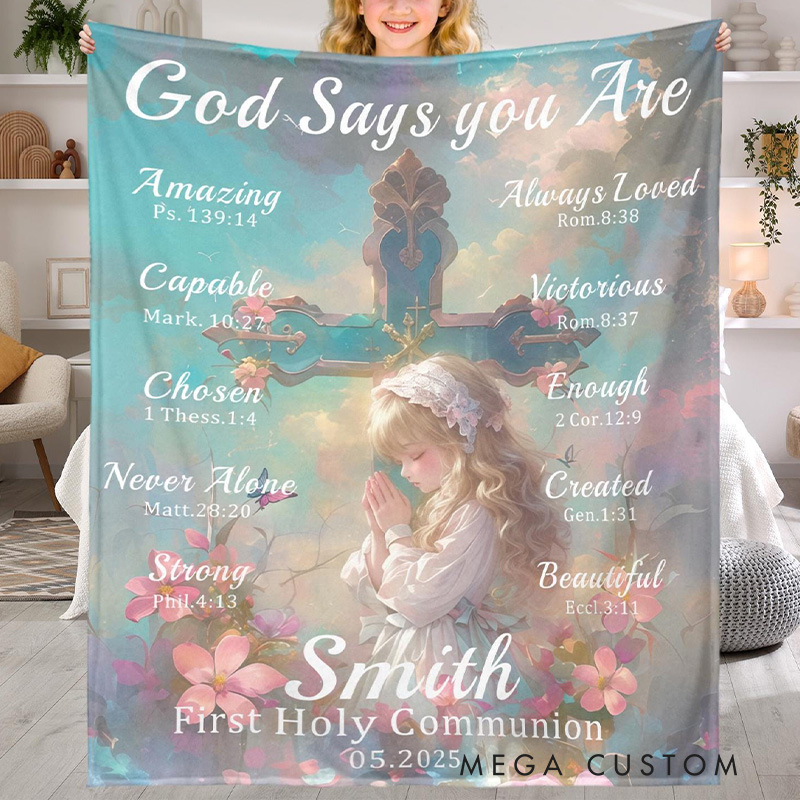 Personalized Gods Say You are Cross and Girl First Communion Blanket with Name Bible Verse Blanket Home Decor Religion Baptism Gift for Girl Boy