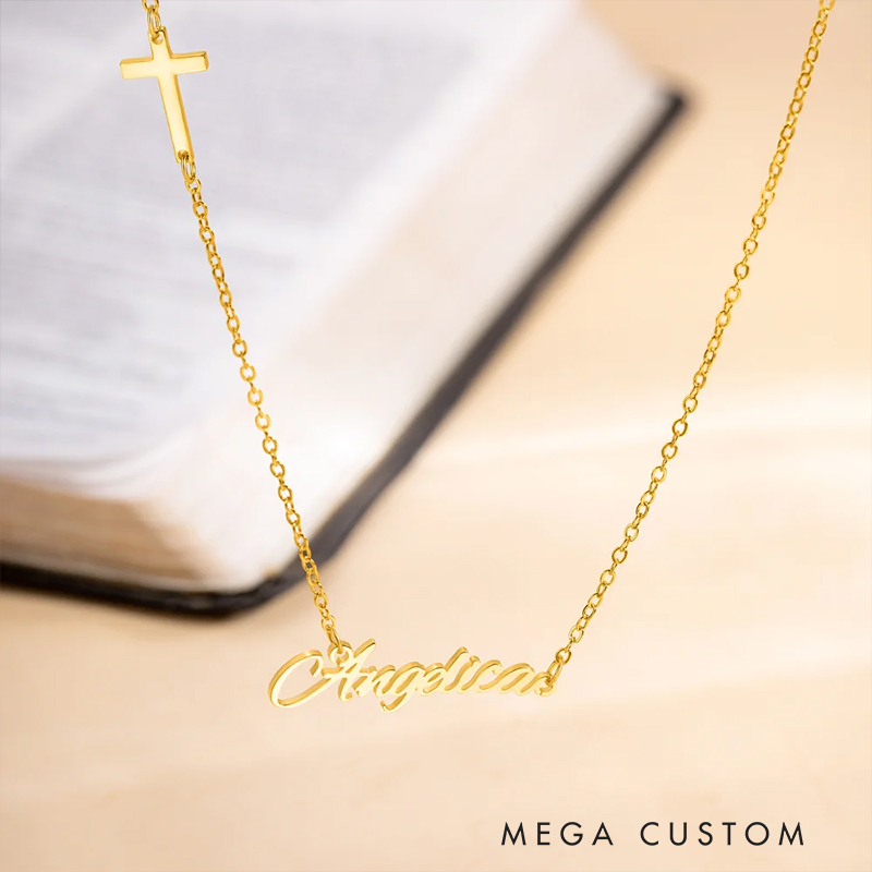 Personalized Sideway Cross and Name Pendant Necklace for Women Religious Jewelry Christening Baptism Gift for Women Christian Christmas Gift for Her