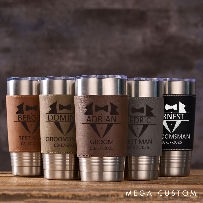 Personalized Groomsmen Gifts Tumbler 20oz Tumbler with Leather Sleeve for Men Groom Best Man Bachelor Party Gift Tumbler for Him
