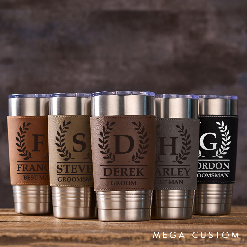 Personalized Engraved Groomsmen Tumbler 20oz Groomsman Tumbler with Leather Sleeve Men’s Coffee Mug for Groom Best Man Wedding Party Gift Tumbler